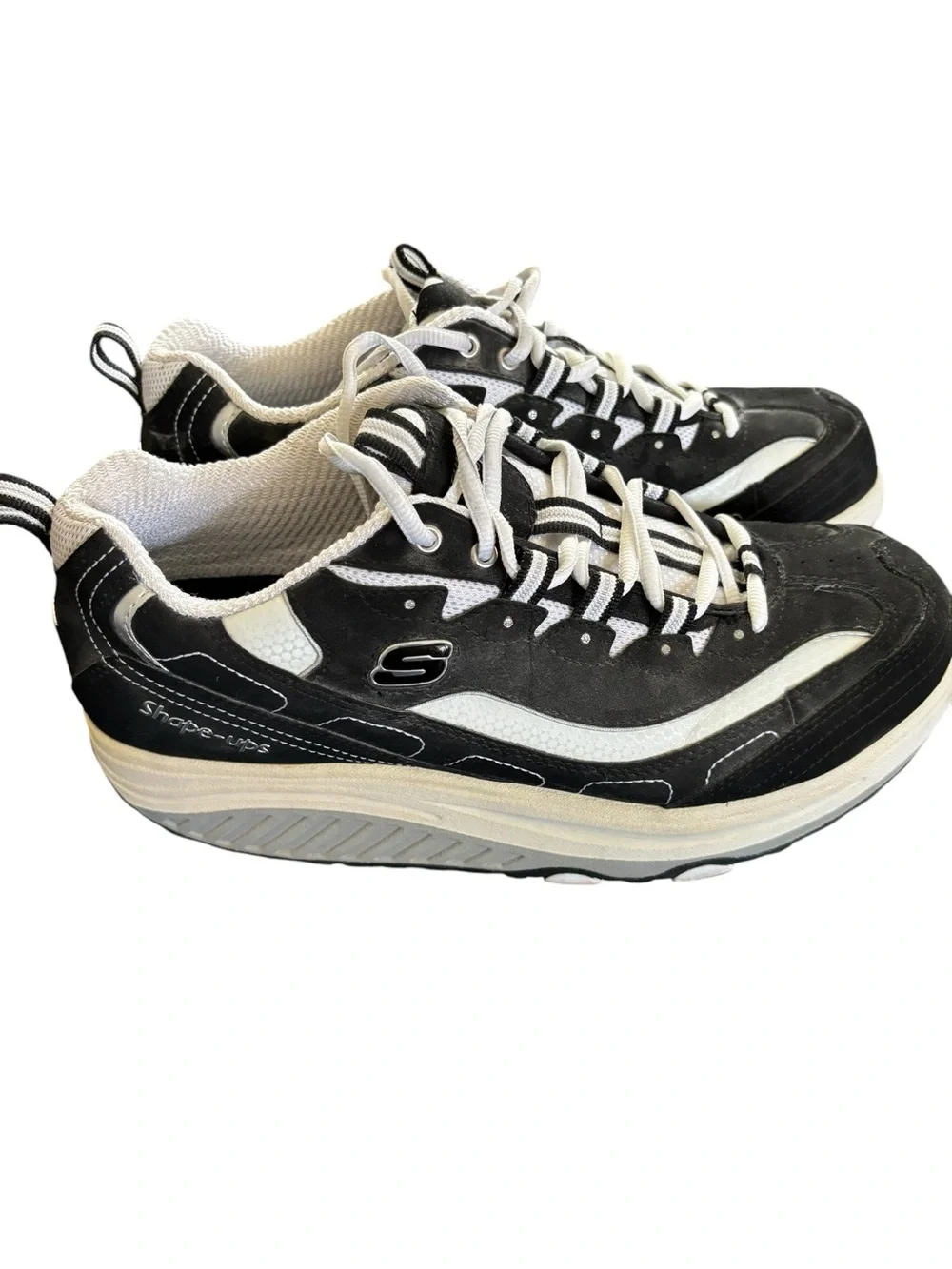 Sketchers Shape~Ups Fitness Sneaker Shoe Black White Suede Sz 9.5 Lace Up 11809